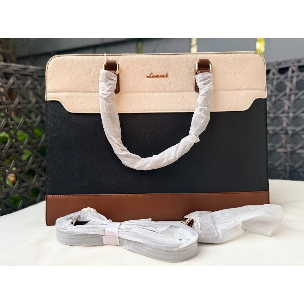 Lovevook Colorblock Laptop Work Tote Bag Black Beige Brown Large
